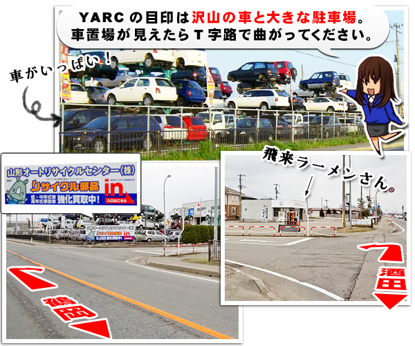 YARCの目印は大きな駐車場。車置場が見えたら標識でまがってください。